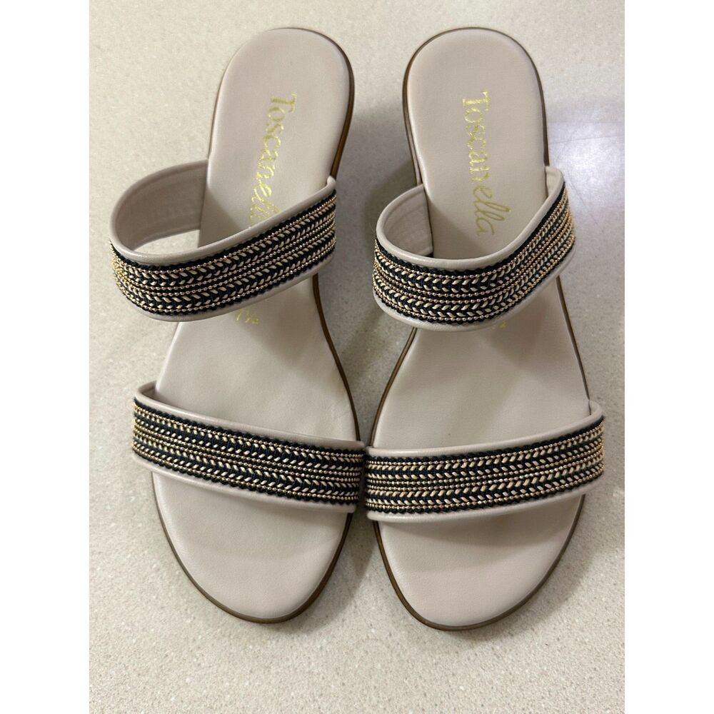 Toscanella Women's Italian Wedge Metallic/Black Double Band Sandals Size 7.5
